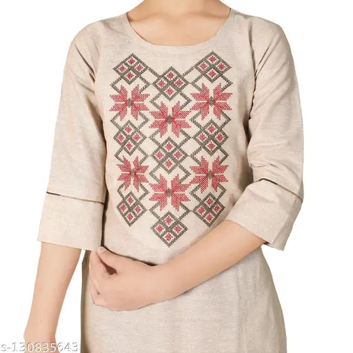 Dupion cotton embroidered kurta with joggers set for girls, three-quarter sleeves, A-line shape, knee length. Indian kids' clothing on display. Sizes: 4-5 (24in/24in), 5-6 (26in/24in), 6-7 (28in/26in), 7-8 (30in/28in), 9-10 (32in/30in)