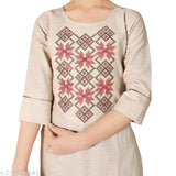 Dupion cotton embroidered kurta with joggers set for girls, three-quarter sleeves, A-line shape, knee length. Indian kids' clothing on display. Sizes: 4-5 (24in/24in), 5-6 (26in/24in), 6-7 (28in/26in), 7-8 (30in/28in), 9-10 (32in/30in)