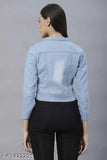 Light blue plain denim women's jacket, long sleeves, classic style, Indian origin