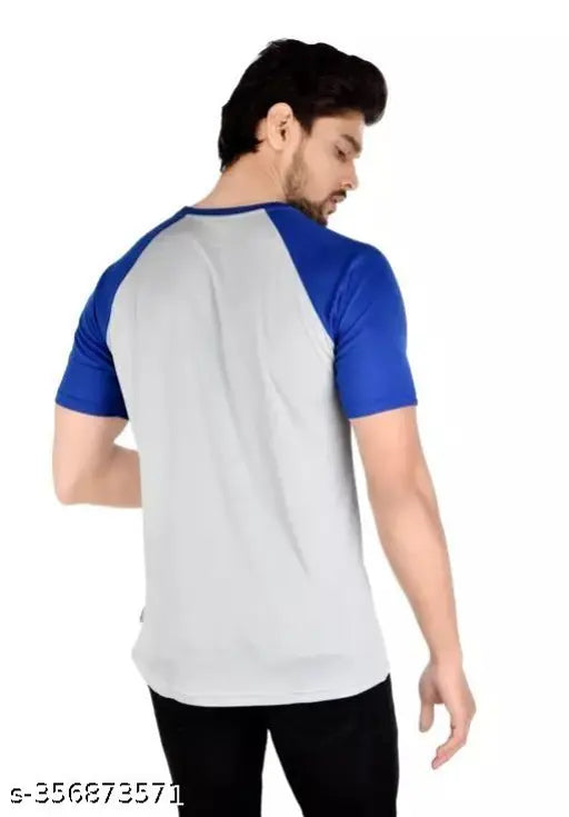 Grey and Royal Blue color-blocked men's double-tone polyester t-shirt on hangar, sports gym wear for men