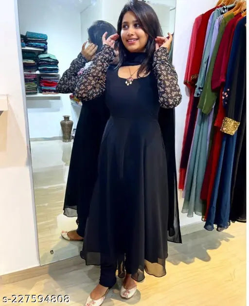 Georgette printed long gown with dupatta, solid net pattern, M-XXXL sizes, Indian handcrafted fashion