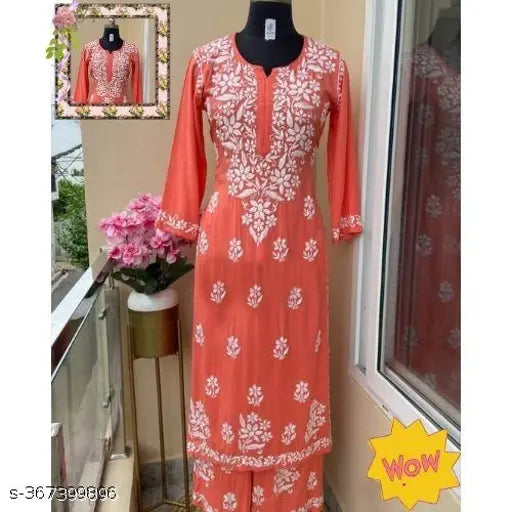 Rayon Lucknowi Chikankari casual set, embroidered straight kurta and palazzo for summer partywear, three-quarter sleeves in size M-6XL