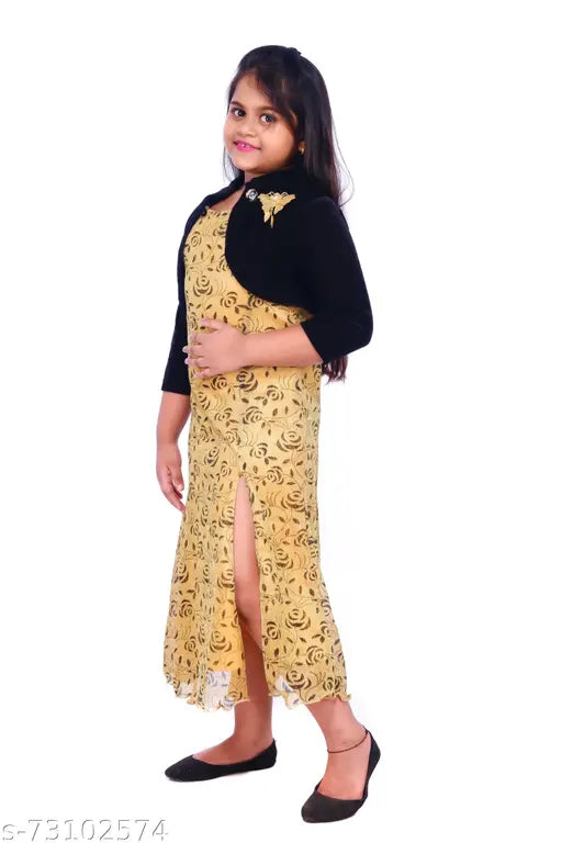Polyester printed net dress, three-quarter sleeves for girls aged 4-10 years. Agile Classy Girls Frocks & Dresses with velvet jacket - modern, stylish, trendy Indian fashion