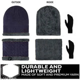 Navy blue textured woolen beanie cap set with neck warmer and gloves - Unisex winter accessory for men, women, and kids, India origin