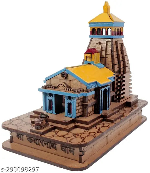 Wooden three-dimensional model of Kedarnathji Temple, handcrafted in pine, vibrant colors, for car dashboard or home office decor, 9x55x10 cm (12x10x7 inches)