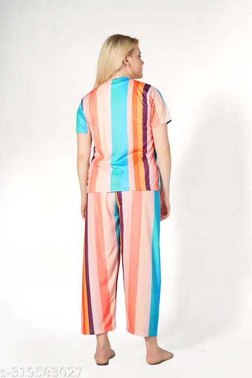 Striped polyester nightsuit set for women and girls - Indian-made classic 3 piece combo: T-shirt, shorts, pyjamas