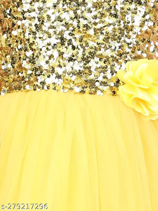 Yellow sequined kids' party dress, sleeveless net gown with toy balloon embellishments, for 1-2 year old girls, Indian origin