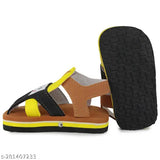 Brown Eva Chu Chu Sound Sandal Booties for babies aged 6 to 9 months with a combination of brown, yellow, and black prints - Neska Moda BT1827. Soft, lightweight, cozy EVA sole with anti-slip design, easy Velcro closure, and better grip for kids' comfort. Made in India, comes with a 6-month warranty