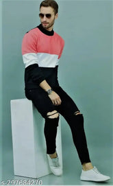 Black cotton blend knee-slit jeans with flaying men design, size 28/30/32/34/36 available