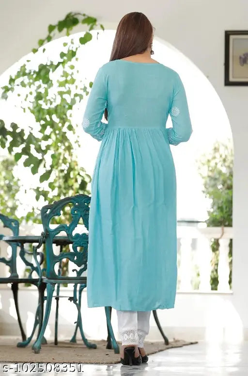 Aqua Blue Chikankari Rayon Anarkali Kurti, three-quarter sleeves, women's fashion