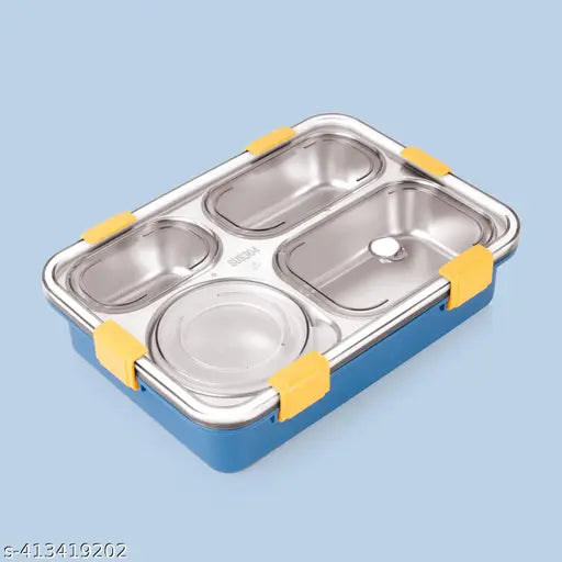 Stainless Steel 4-Compartment Lunch Box with Spoon & Chopsticks, BPA-Free (Blue), 1.3L - Durable and leak-proof for adults and kids on-the-go meals