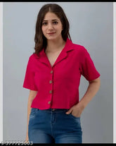 Pink rayon crop shirt, solid pattern, short sleeves, Sneh Dhaga women's fashion