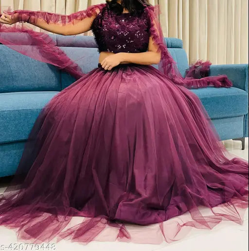 Wine-colored net jute and silk lehenga choli with solid dupatta, traditional Indian ethnic motif, free size