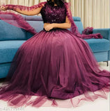 Wine-colored net jute and silk lehenga choli with solid dupatta, traditional Indian ethnic motif, free size