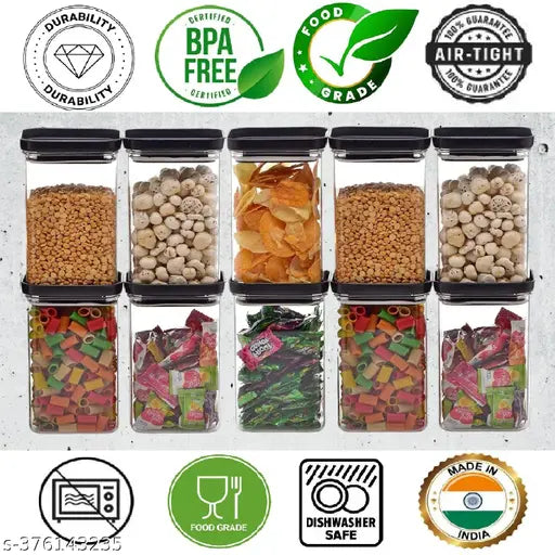 Airtight plastic kitchen container set of 10, 1100ml capacity. Unbreakable, sturdy, and transparent. Ideal for dry fruits and cereals storage