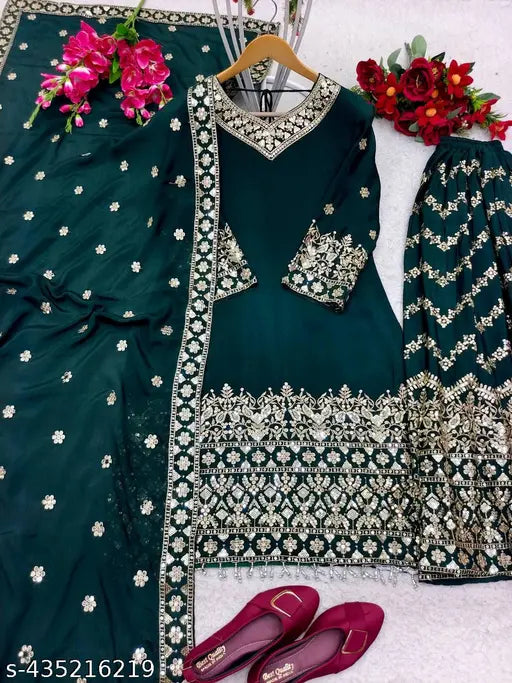 Designer embroidered dupatta set with kurta and bottomwear, heavy pure satin silk with 5mm siqwans embroidery, three-quarter sleeves, elastic rubber sarara, single set, India origin