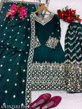 Designer embroidered dupatta set with kurta and bottomwear, heavy pure satin silk with 5mm siqwans embroidery, three-quarter sleeves, elastic rubber sarara, single set, India origin
