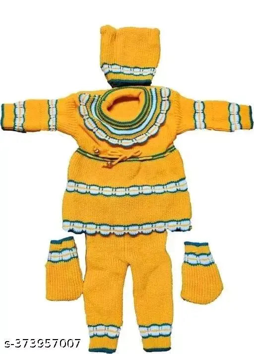 Yellow wool printed net baby sweater and pajama set. Cozy winter wear for babies aged 0-1 years, easily cleanable