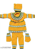 Yellow wool printed net baby sweater and pajama set. Cozy winter wear for babies aged 0-1 years, easily cleanable