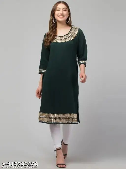 Green rayon three-quarter sleeve kurti, Hegza Women's solid pattern Gotta Patti style from India
