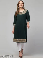 Green rayon three-quarter sleeve kurti by Hegza for Indian women's fashion, solid combo, S (36in bust, 42in size length), M (38in bust, 42in size length), L (40in bust, 42in size length)