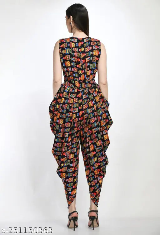 Women's sleeveless printed maxi jumpsuit in crepe fabric, color-bleed resistant and sweat-absorbent, ideal for Indian festive events
