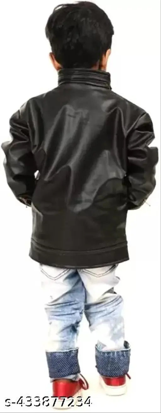 Kids' lightweight spring leather jacket, featuring long sleeves, a zipper closure, and multiple pockets. Faux leather material, suitable for cooler weather. Available in sizes: 4-5 Years (Chest 24in, Length 17in, Waist 22in), 5-6 Years (Chest 25in, Length 17in, Waist 23in), 6-7 Years (Chest 25in, Length 18in, Waist 24in). Made in India