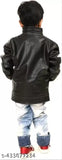Kids' lightweight spring leather jacket, featuring long sleeves, a zipper closure, and multiple pockets. Faux leather material, suitable for cooler weather. Available in sizes: 4-5 Years (Chest 24in, Length 17in, Waist 22in), 5-6 Years (Chest 25in, Length 17in, Waist 23in), 6-7 Years (Chest 25in, Length 18in, Waist 24in). Made in India