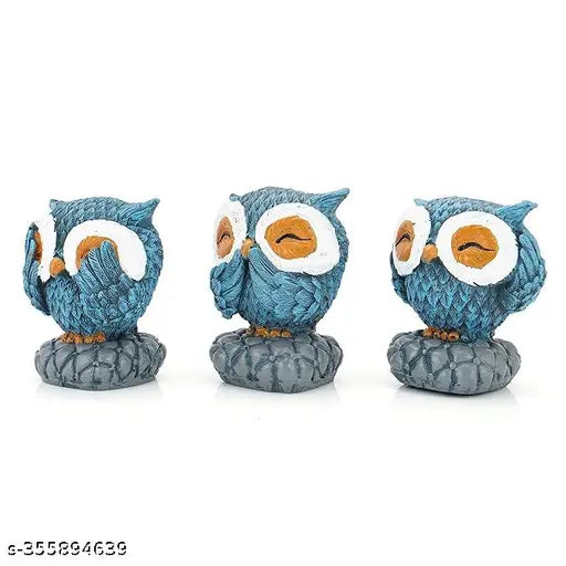 Three colored owl figurines in resin, Morater brand, for home decor and garden use