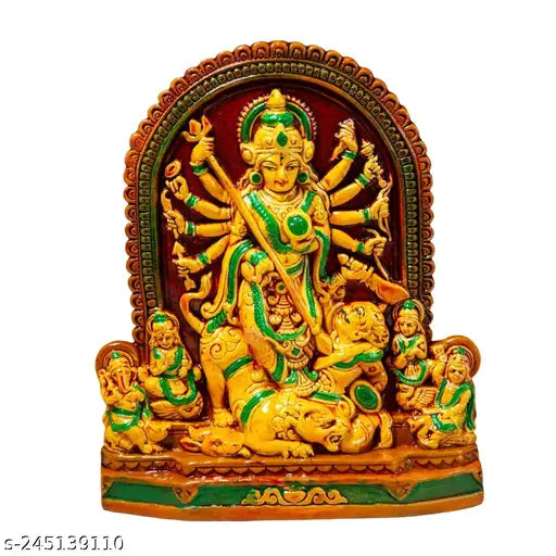 Rainbow feathers terracotta Maa Durga god idol, traditional Kolkata Durga Puja artifact, 19cm tall, hand-painted Indian craft