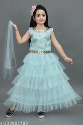 Sea blue net and chanderi silk choli lehenga with ruffle stitching, sleeveless design for 5-6 year old girls, Indian origin