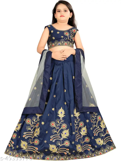 Taffeta silk lehenga cholis for girls, embroidered with semi-stitched net, perfect for kids wear and festivals. Available in sizes 2-3 years, 3-4 years, 4-5 years, and 5-6 years. Indian ethnic wear