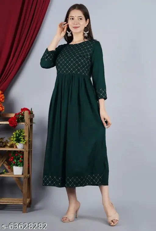 Rayon embroidered Charvi Ensemble Kurtis, three-quarter sleeves, M (Bust 38in), L (Bust 40in), XL (Bust 42in), XXL (Bust 44in) - Women's traditional style & comfort for daily wear