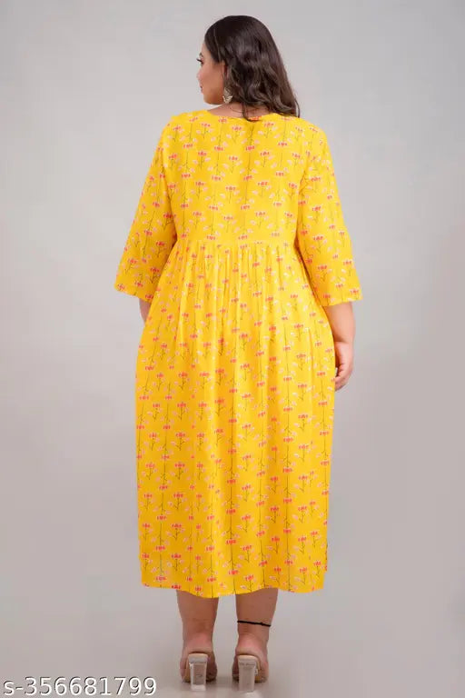Plus size rayon gown, three-quarter sleeves, printed net, 4XL - Indian plus size fashion