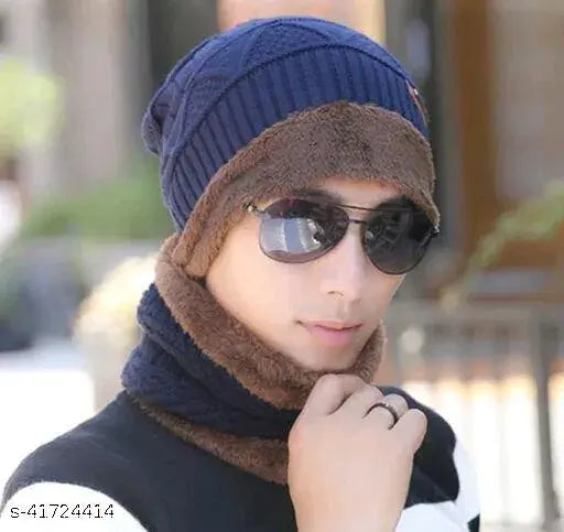 Wool textured winter beanie cap set with neck warmer and scarf, for men and women from India