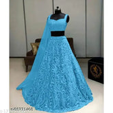 Simple Ailehenga for women: net embellished lehenga, dupatta with lace embroidery, free size (42m waist, 44m length)