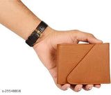 Solid faux leather bifold compact wallet for men, top-selling trendy design featuring ID window, coin pocket, and multi-card slot