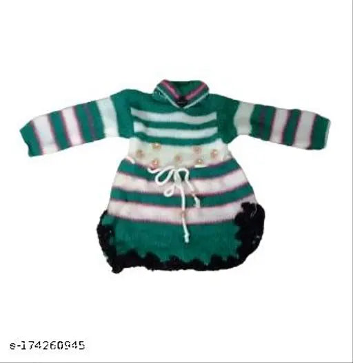 Wool winter frock set for baby girls (3 pieces), printed net design in long sleeves - India