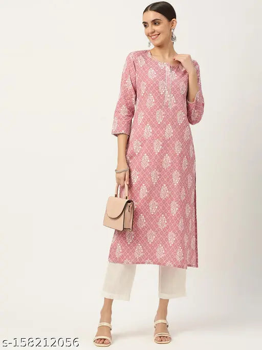 Pink Bandhani Printed Cotton Straight Kurta for Women - Off white and pink ethnic motifs, three-quarter sleeve Indian clothing on mannequin