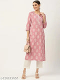 Pink Bandhani Printed Cotton Straight Kurta for Women - Off white and pink ethnic motifs, three-quarter sleeve Indian clothing on mannequin
