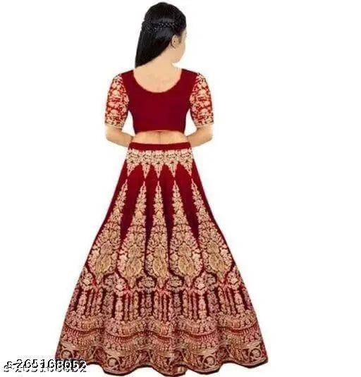 Red velvet kids embroidered ethnic wear lehenga choli & dupatta set