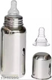 Silver stainless steel feeding bottle (pack of two) for kids, leak-proof with silicone nipple, ideal for milk, easy heating/cooling, also functions as teething toy and fruit holder