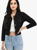 Black denim three-quarter sleeve jacket for women, solid design, made in India