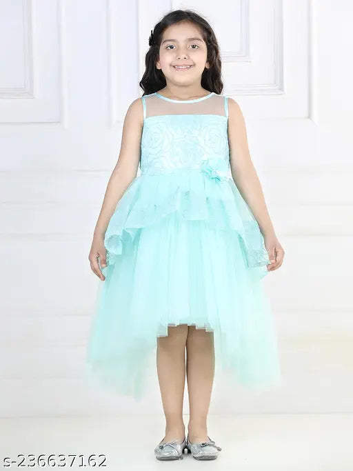 Sky blue net dress with toy balloon print, suitable for girls party wear aged 1-4 years