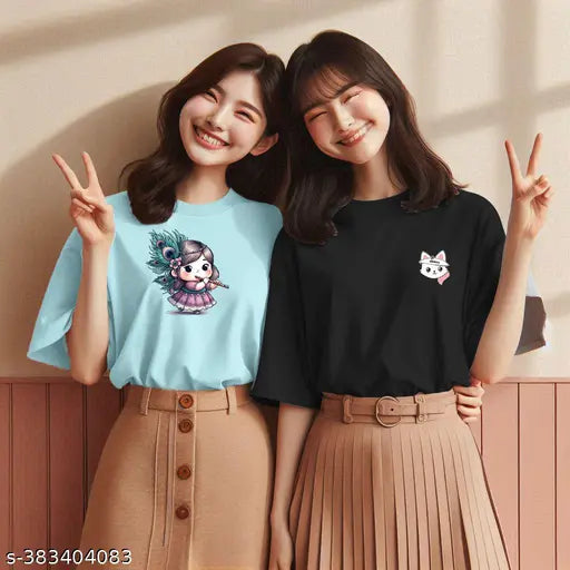 Large printed cotton combo t-shirt for women, stylish short sleeves with vibrant design