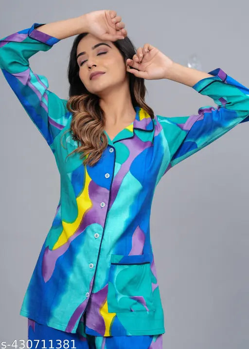 Viscose rayon night suit set for women, printed net top and bottom with short sleeves, India-made