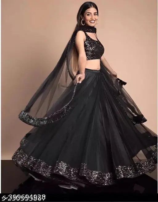 Black velvet lehenga-choli with embellished top and net bottom & dupatta, semi-stitched, 42" waist, 42" length