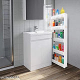 White multi-tier plastic organizer with wheels, ideal for kitchen, bathroom, or closet storage. Perfect for jars, containers, or small items