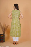 Green cotton sleeveless kurti, printed floral combo, size S (36in bust, 44in length)