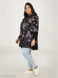 Black rayon floral print round neck top with long sleeves, Veldress brand, styled on mannequin